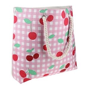 Cherry Print Canvas Tote Bag In Pink Buffalo Check and Rope Handles 20”x 15”x 5”